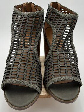 Report Olive Grey Woven Cage Gladiator Block Heels Open Toe Booties Shoes